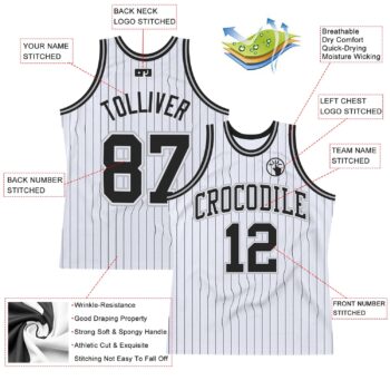 Alternative view of Custom White Black Pinstripe Black-Gray Authentic Basketball Jersey