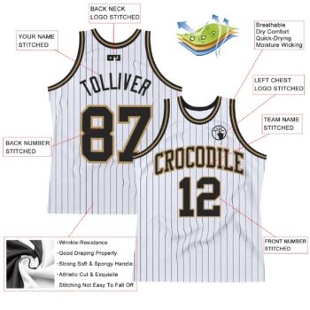 Alternative view of Custom White Black Pinstripe Black-Old Gold Authentic Basketball Jersey