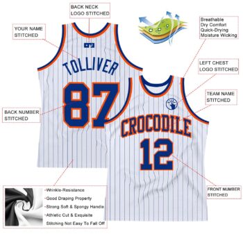 Alternative view of Custom White Royal Pinstripe Royal-Orange Authentic Basketball Jersey