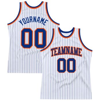 Custom White Royal Pinstripe Royal-Orange Authentic Basketball Jersey