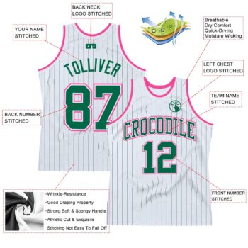 Alternative view of Custom White Kelly Green Pinstripe Kelly Green-Pink Authentic Basketball Jersey
