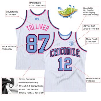 Alternative view of Custom White Light Blue Pinstripe Light Blue Black-Pink Authentic Basketball Jersey