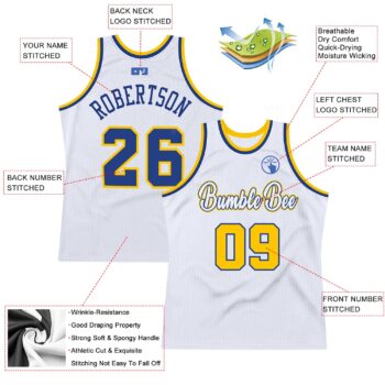 Alternative view of Custom White Royal-Gold Authentic Throwback Basketball Jersey