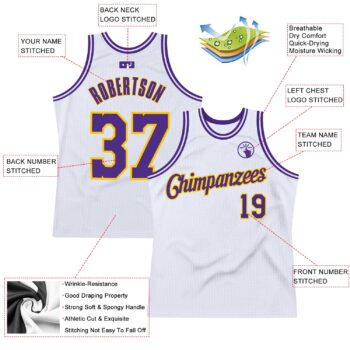 Alternative view of Custom White Purple-Gold Authentic Throwback Basketball Jersey